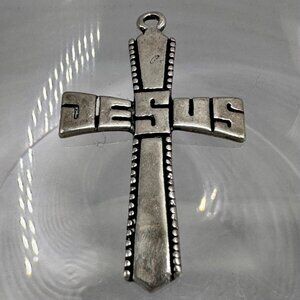Jesus Devotional Name Cross Pendant Signed WJ 925 Beaded Edge Sterling Silver